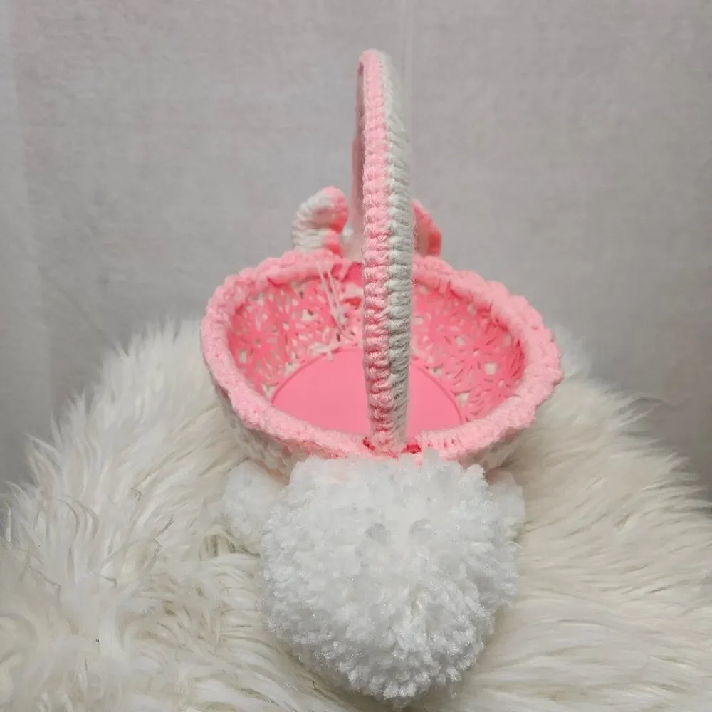 Vintage Style Handmade Crochet Easter Bunny Basket - Pink & White Plush Knit